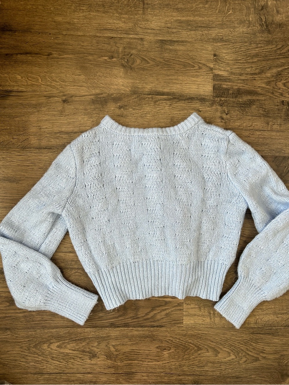 Freshman Powder Blue Cropped Cable Cardigan with Cream Flower Buttons - Picture 4 of 4